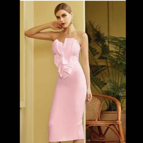 NEW! DESIGNER COUTURE PINK STRAPLESS RUFFLE BANDAGE DRESS TEXTURED RUFFLE BOW - Picture 6 of 11